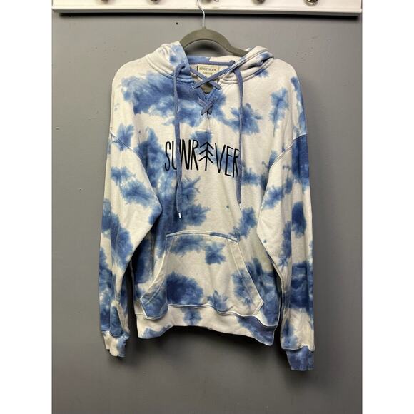Sunriver Hoodie Womens Large Blue Tie Dye Pullover Sweatshirt Pocket Destination - Picture 1 of 8